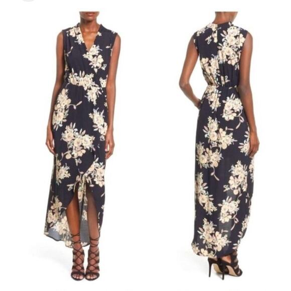 ASTR The Label Faux Wrap Black Floral High Low Maxi Dress Womens L Wedding - Picture 1 of 13